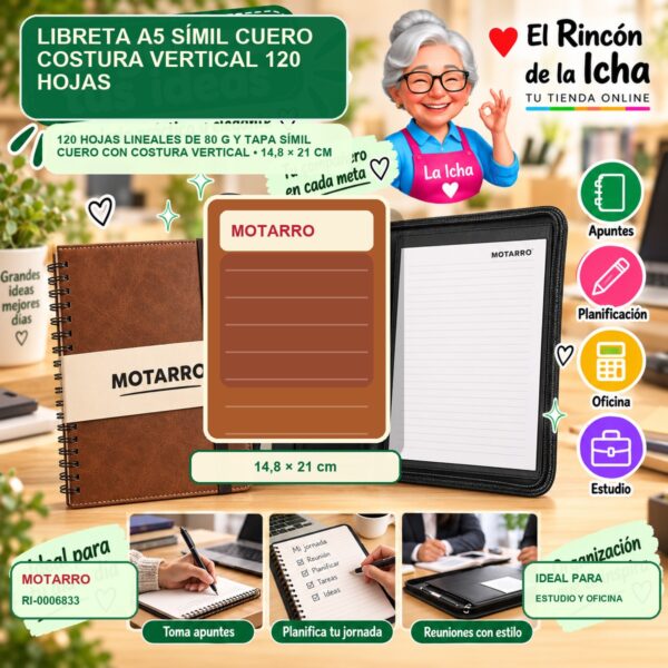 RI-0006833 Libreta A5 Símil Cuero Motarro Costura Vertical 120 Hojas