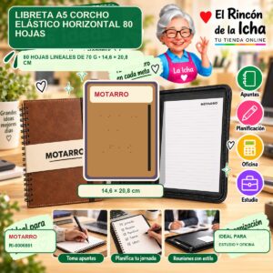 RI-0006861 Libreta A5 Corcho Motarro Elástico Horizontal 80 Hojas