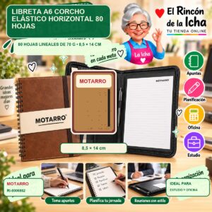 RI-0006862 Libreta A6 Corcho Motarro Elástico Horizontal 80 Hojas