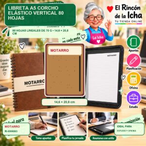 RI-0006863 Libreta A5 Corcho Motarro Elástico Vertical 80 Hojas