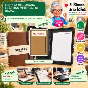 RI-0006864 Libreta A6 Corcho Motarro Elástico Vertical 80 Hojas