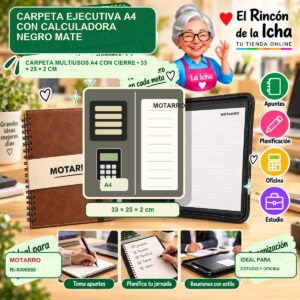 Carpeta Ejecutiva A4 Motarro con Calculadora Negro Mate