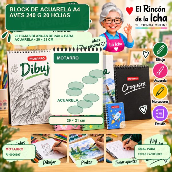 RI-0006897 Block de Acuarela A4 Motarro Aves 240 g 20 Hojas