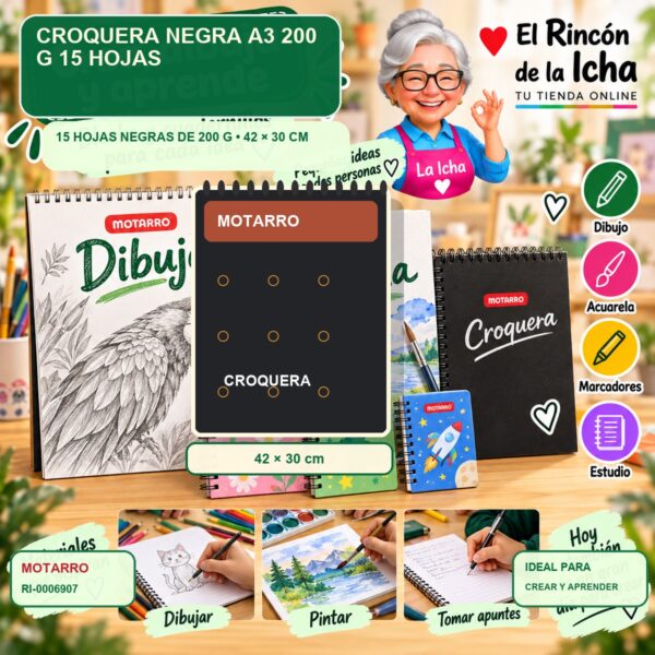 RI-0006907 Croquera Negra A3 Motarro 200 g 15 Hojas