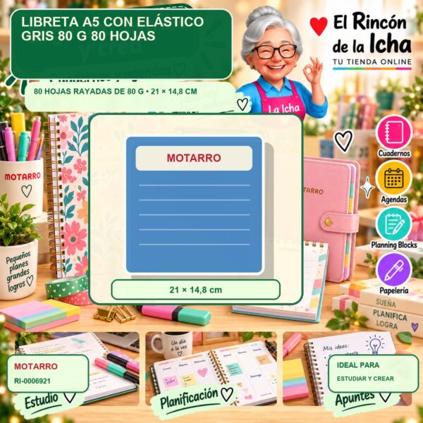 RI-0006921 Libreta A5 Motarro con Elástico Gris 80 g 80 Hojas