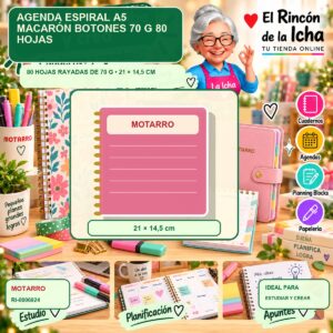 RI-0006924 Agenda Espiral A5 Motarro Macarón Botones 70 g 80 Hojas