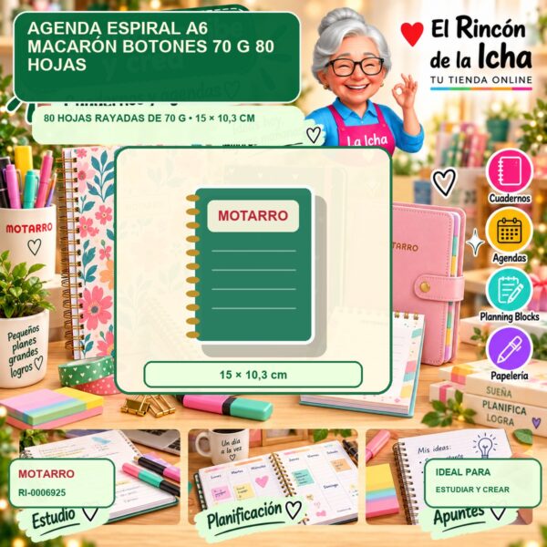 Agenda Espiral A6 Motarro Macarón Botones 70 g 80 Hojas