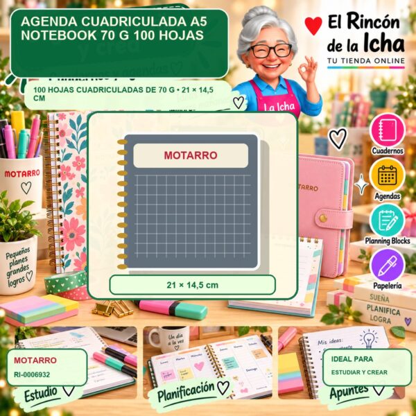 RI-0006932 Agenda Cuadriculada A5 Motarro Notebook 70 g 100 Hojas