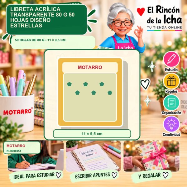 RI-0006951 Libreta Motarro Acrílica Transparente 80 g 50 Hojas Diseño Estrellas
