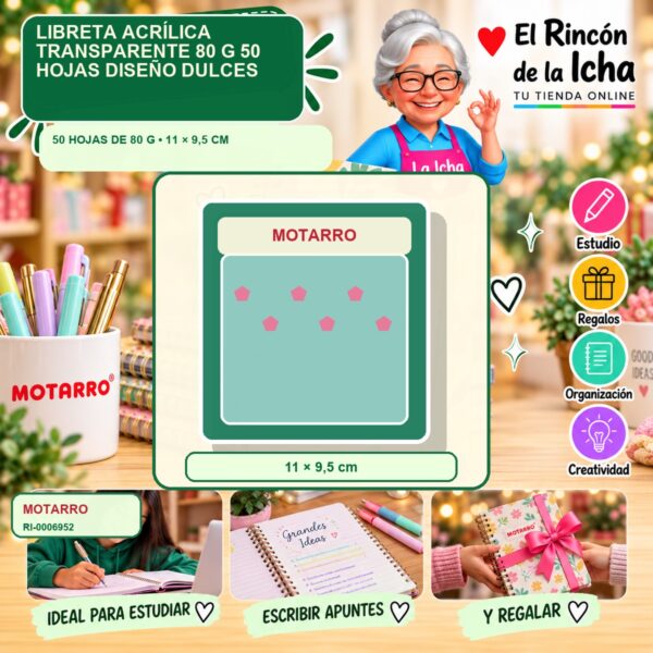 RI-0006952 Libreta Motarro Acrílica Transparente 80 g 50 Hojas Diseño Dulces