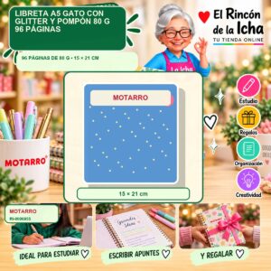 RI-0006955 Libreta A5 Motarro Gato con Glitter y Pompón 80 g 96 Páginas