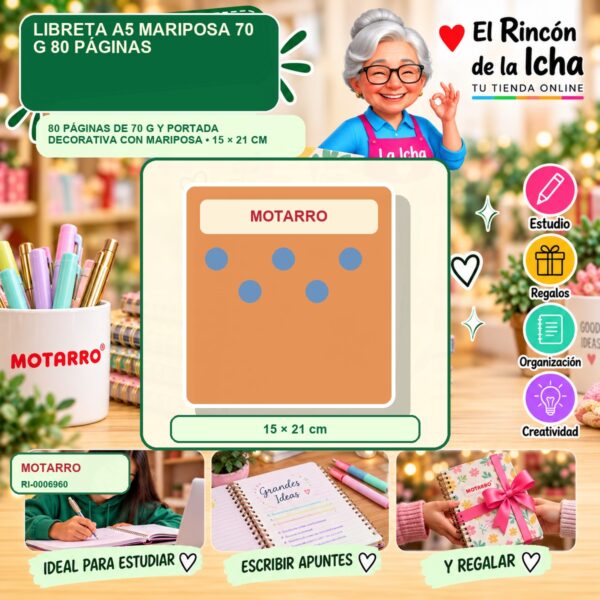 RI-0006960 Libreta A5 Motarro Mariposa 70 g 80 Páginas