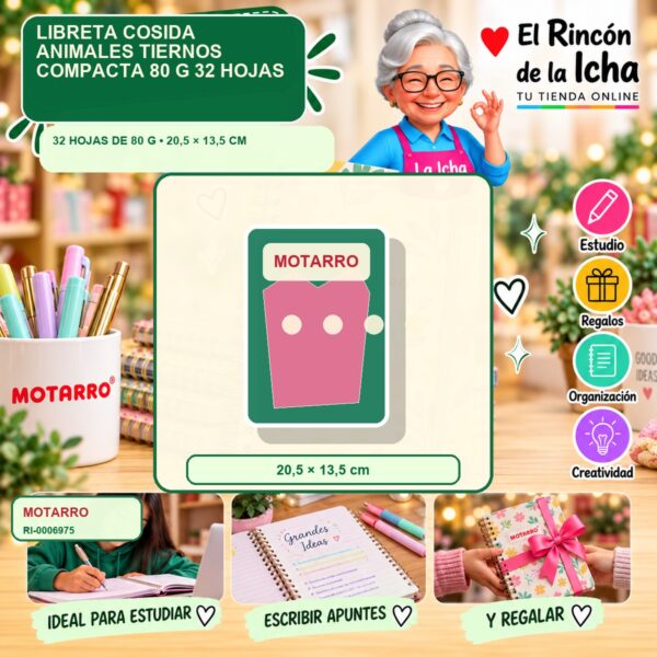 RI-0006975 Libreta Cosida Motarro Animales Tiernos Compacta 80 g 32 Hojas