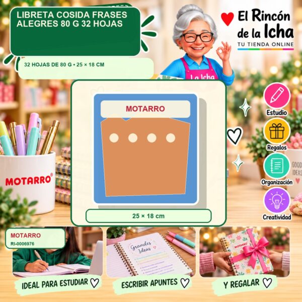 RI-0006976 Libreta Cosida Motarro Frases Alegres 80 g 32 Hojas