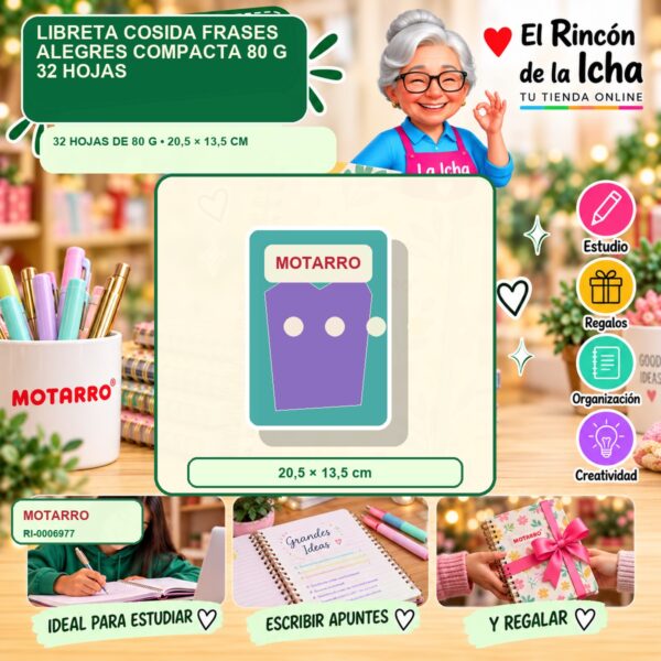 RI-0006977 Libreta Cosida Motarro Frases Alegres Compacta 80 g 32 Hojas