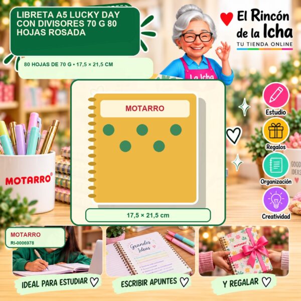 RI-0006978 Libreta A5 Motarro Lucky Day con Divisores 70 g 80 Hojas Rosada
