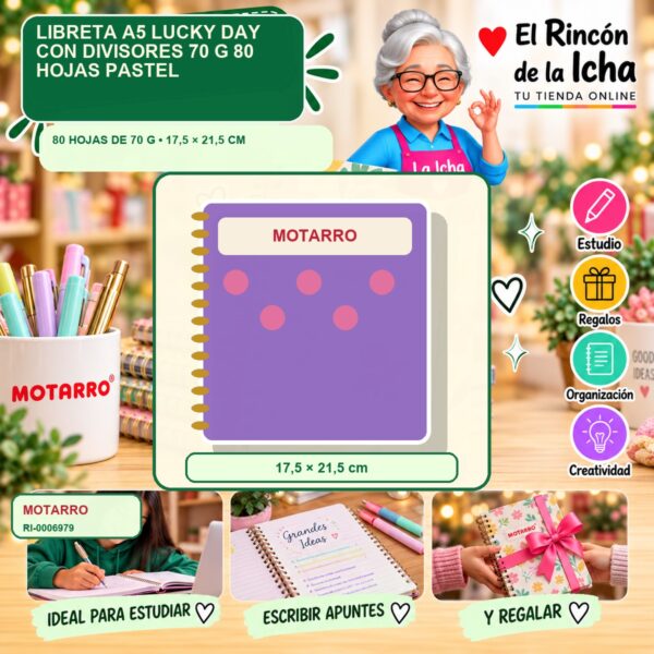 RI-0006979 Libreta A5 Motarro Lucky Day con Divisores 70 g 80 Hojas Pastel