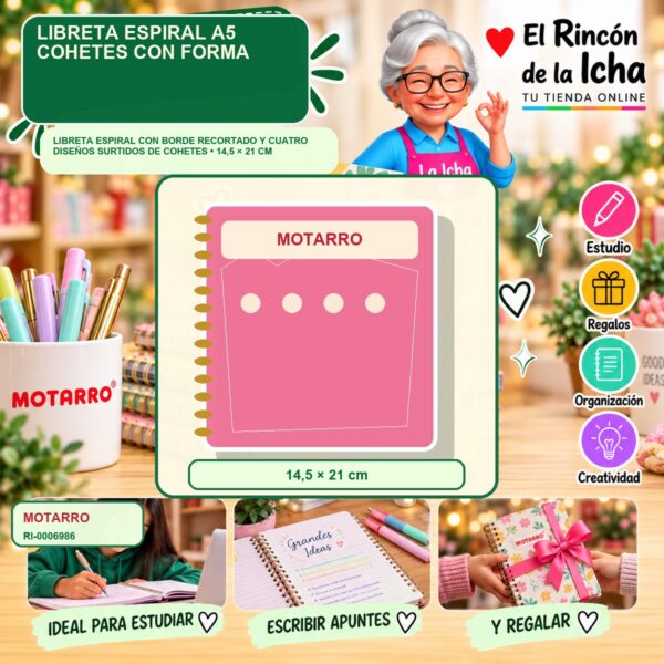 RI-0006986 Libreta Espiral A5 Motarro Cohetes con Forma
