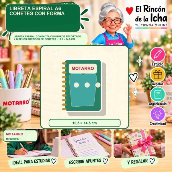 RI-0006987 Libreta Espiral A6 Motarro Cohetes con Forma
