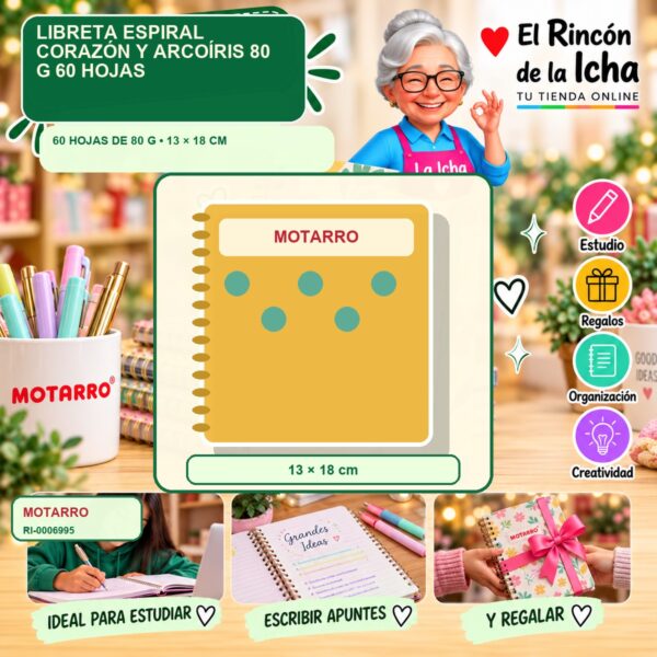 RI-0006995 Libreta Espiral Motarro Corazón y Arcoíris 80 g 60 Hojas