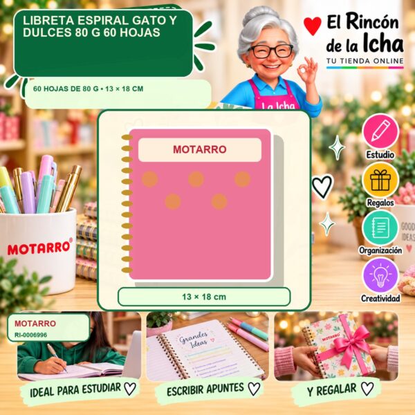 RI-0006996 Libreta Espiral Motarro Gato y Dulces 80 g 60 Hojas
