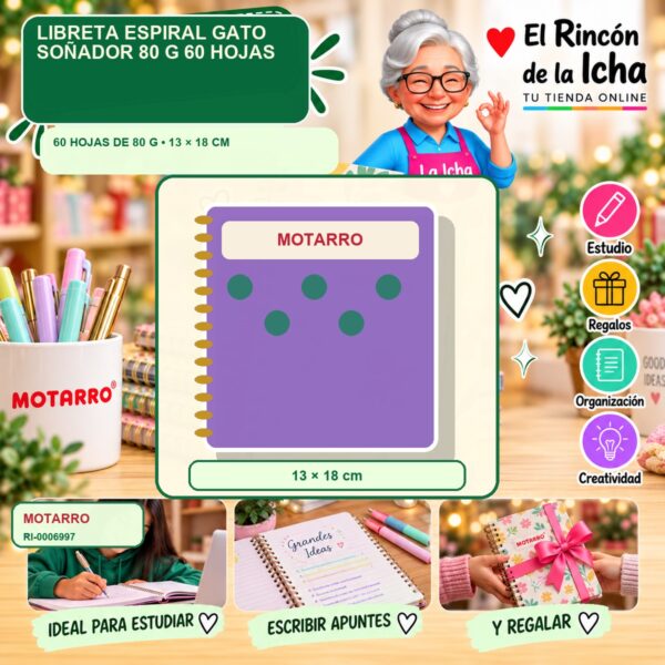 RI-0006997 Libreta Espiral Motarro Gato Soñador 80 g 60 Hojas