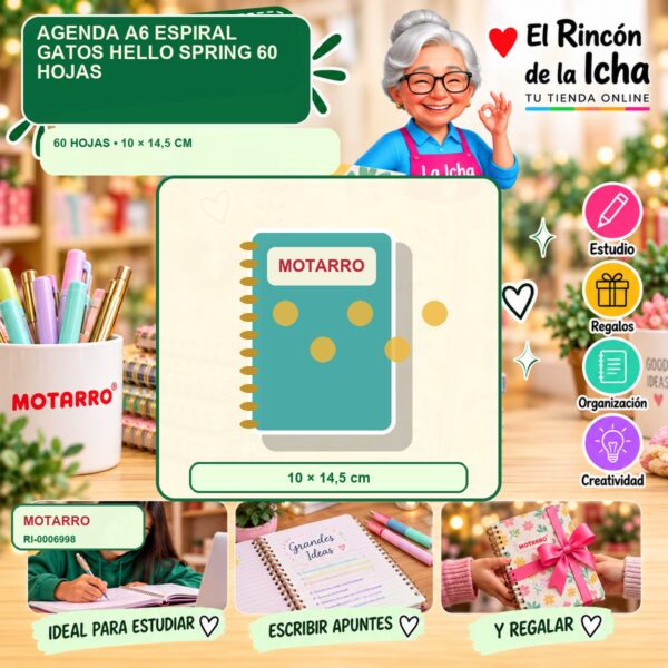 RI-0006998 Agenda A6 Espiral Motarro Gatos Hello Spring 60 Hojas