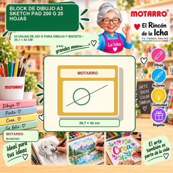 RI-0007001 Block de Dibujo A3 Motarro Sketch Pad 200 g 20 Hojas