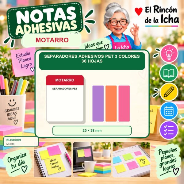 RI-0007089 Separadores Adhesivos PET Motarro 3 Colores 36 Hojas