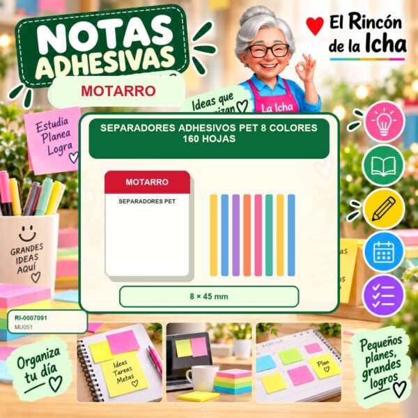 RI-0007091 Separadores Adhesivos PET Motarro 8 Colores 160 Hojas