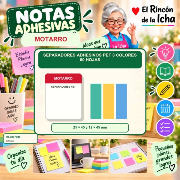 RI-0007095 Separadores Adhesivos PET Motarro 3 Colores 60 Hojas