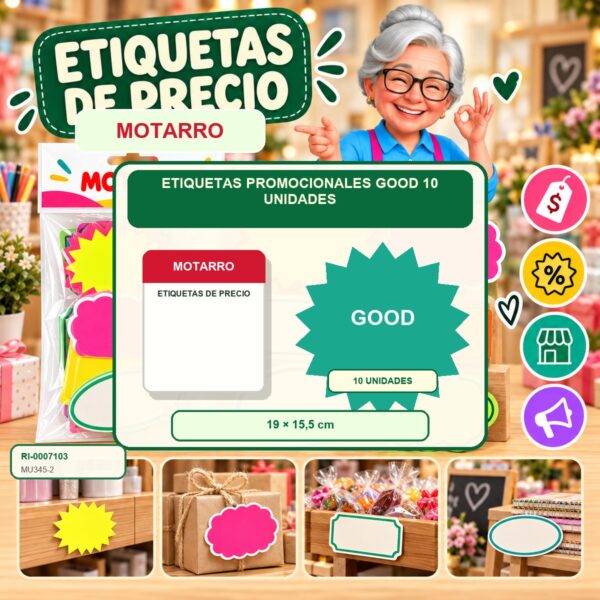 RI-0007103 Etiquetas Promocionales Motarro GOOD 10 Unidades