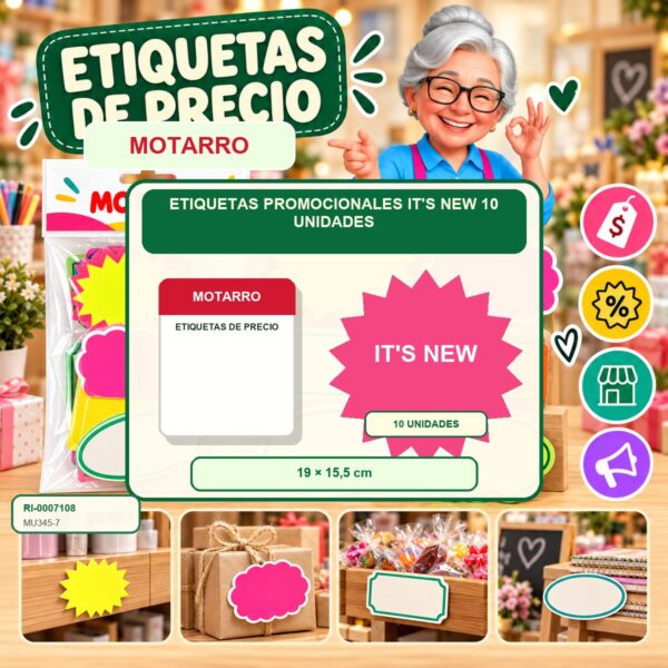 RI-0007108 Etiquetas Promocionales Motarro IT'S NEW 10 Unidades