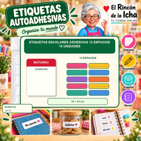 RI-0007124 Etiquetas Escolares Adhesivas Motarro 12 Espacios 10 Unidades