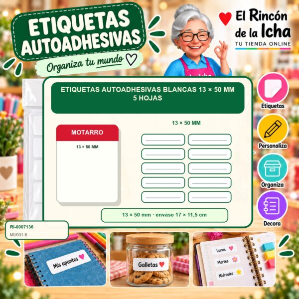 RI-0007136 Etiquetas Autoadhesivas Blancas Motarro 13 × 50 mm 5 Hojas