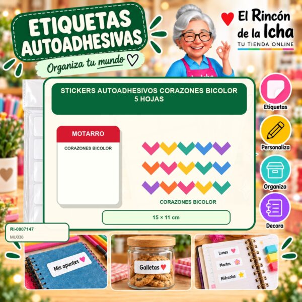 RI-0007147 Stickers Autoadhesivos Motarro Corazones Bicolor 5 Hojas