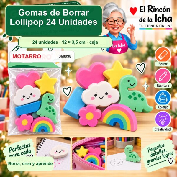 RI-0007265 Gomas de Borrar Motarro Lollipop 24 Unidades