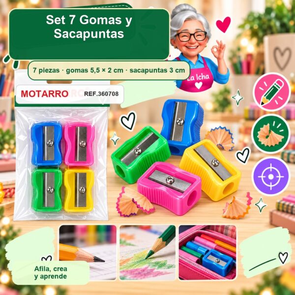 RI-0007340 Set Motarro 7 Gomas y Sacapuntas