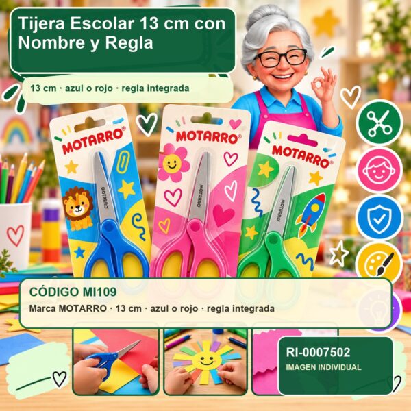 RI-0007502 Tijera Escolar Motarro 13 cm con Nombre y Regla