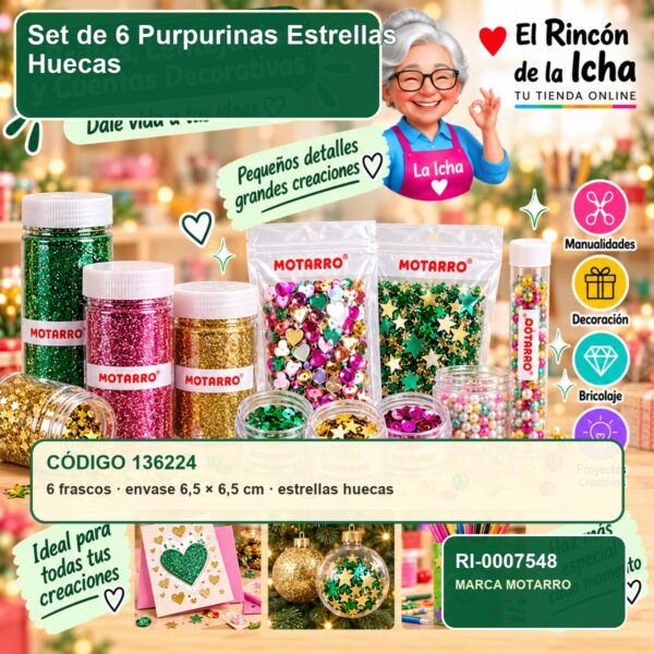 RI-0007548 Set de 6 Purpurinas Motarro Estrellas Huecas