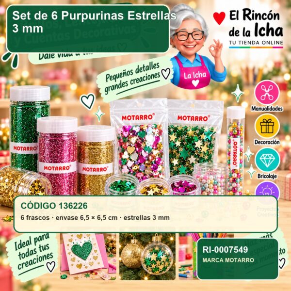 RI-0007549 Set de 6 Purpurinas Motarro Estrellas 3 mm