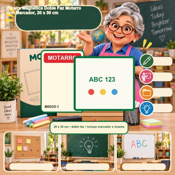 RI-0007732 Pizarra Magnética Doble Faz Motarro con Marcador, 20 x 30 cm