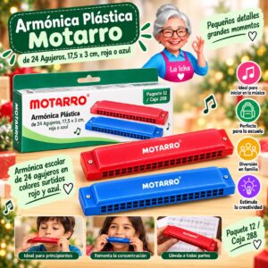 RI-0007836 Armónica Plástica Motarro de 24 Agujeros, 17,5 x 3 cm, roja o azul