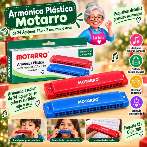 Armónica Plástica Motarro de 24 Agujeros, 17,5 x 3 cm, roja o azul
