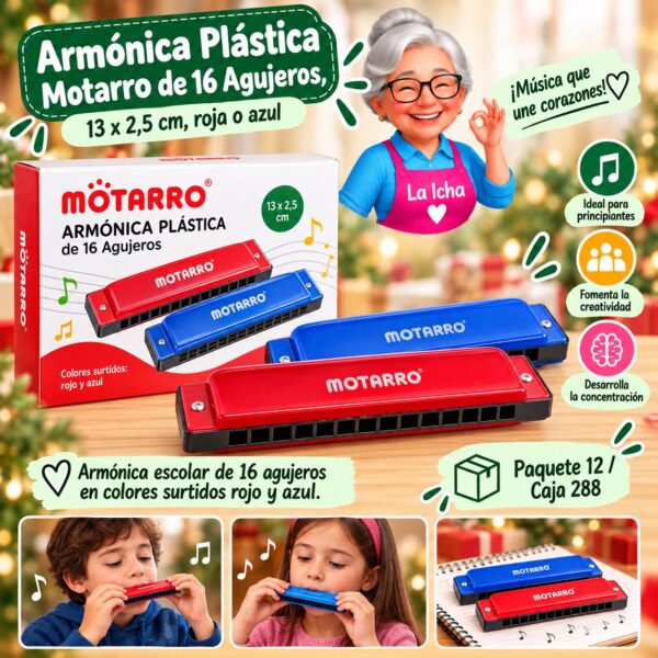 Armónica Plástica Motarro de 16 Agujeros, 13 x 2,5 cm, roja o azul