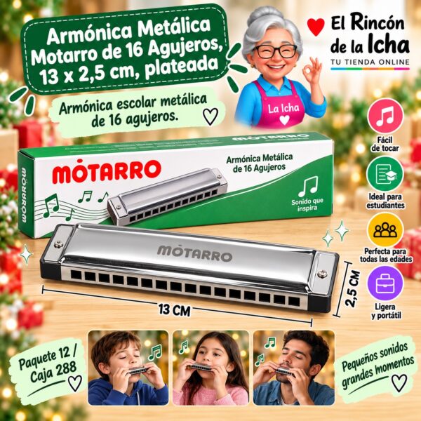 Armónica Metálica Motarro de 16 Agujeros, 13 x 2,5 cm, plateada