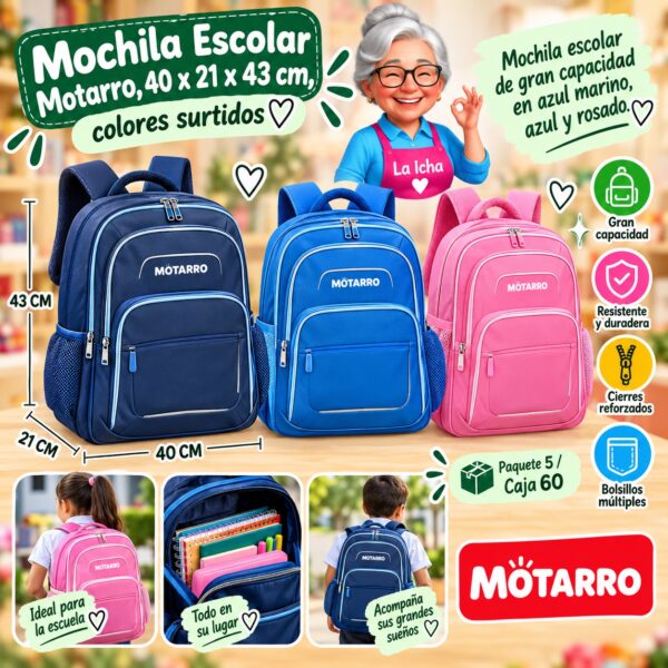 Mochila Escolar Motarro, 40 x 21 x 43 cm, colores surtidos