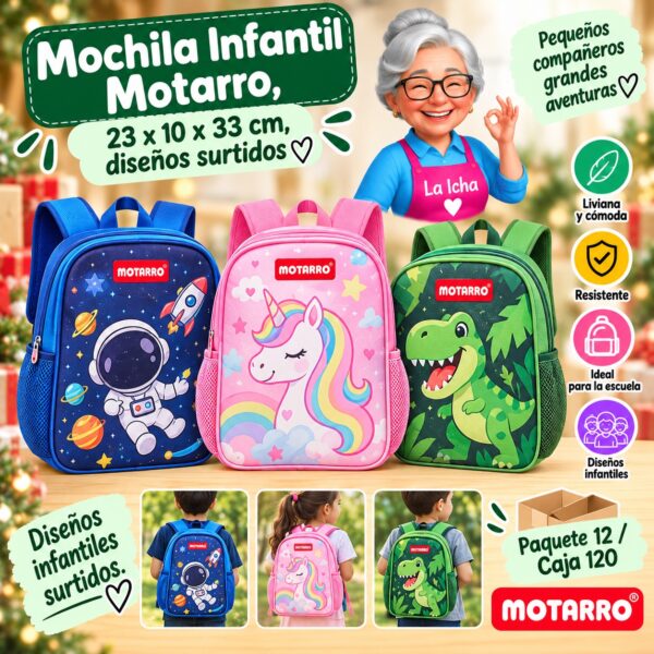 Mochila Infantil Motarro, 23 x 10 x 33 cm, diseños surtidos