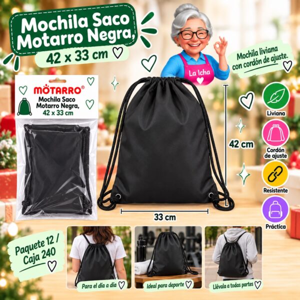 Mochila Saco Motarro Negra, 42 x 33 cm