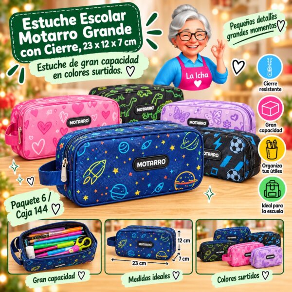 Estuche Escolar Motarro Grande con Cierre, 23 x 12 x 7 cm